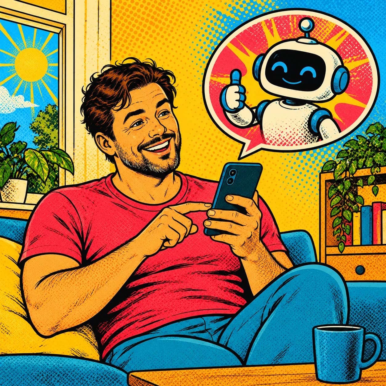 Komiksová ilustrace muže na gauči, který si píše s usměvavým robotem AI poradce