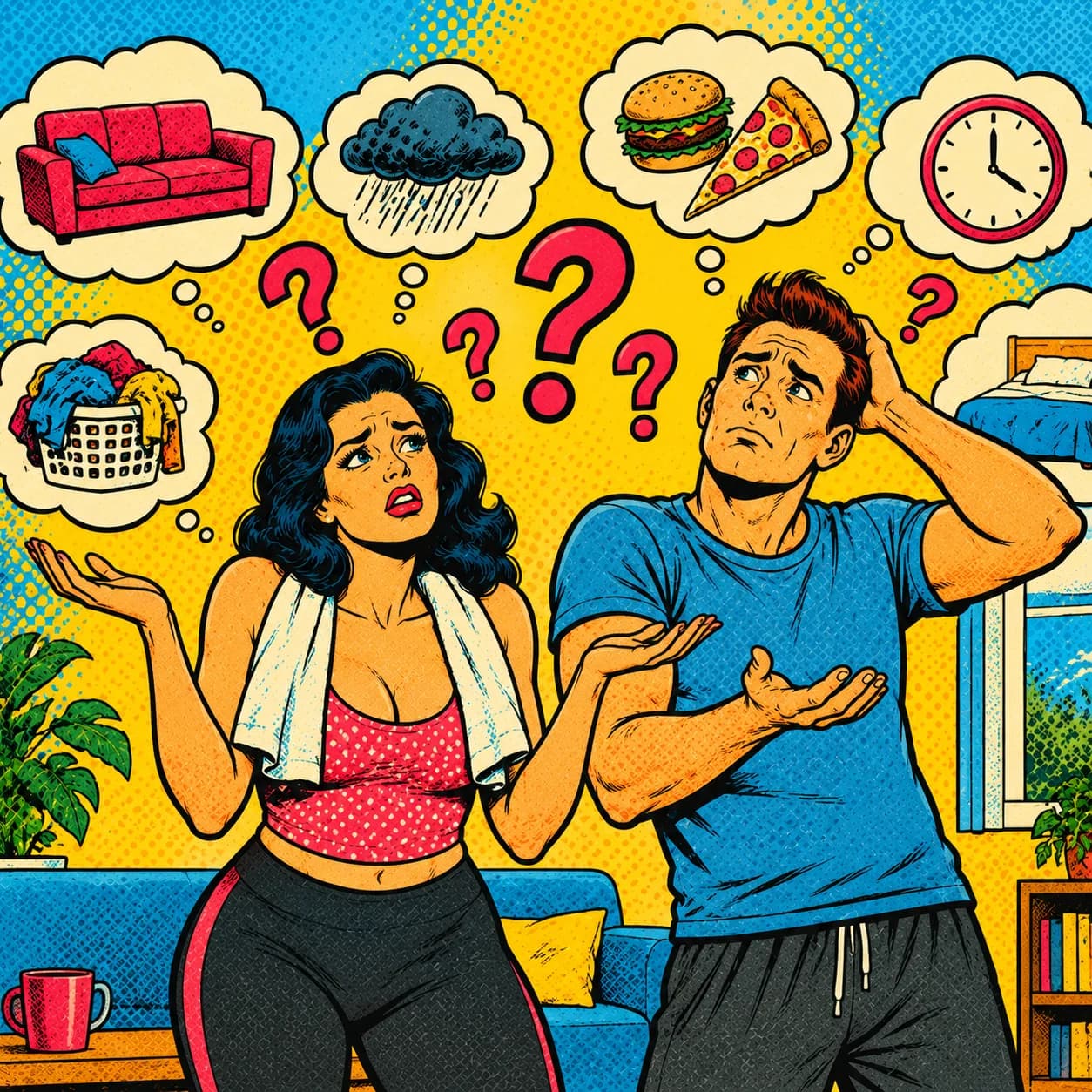 Komiksová ilustrace páru, kterému nad hlavami létají myšlenky na gauč, déšť, pizzu a nedostatek času