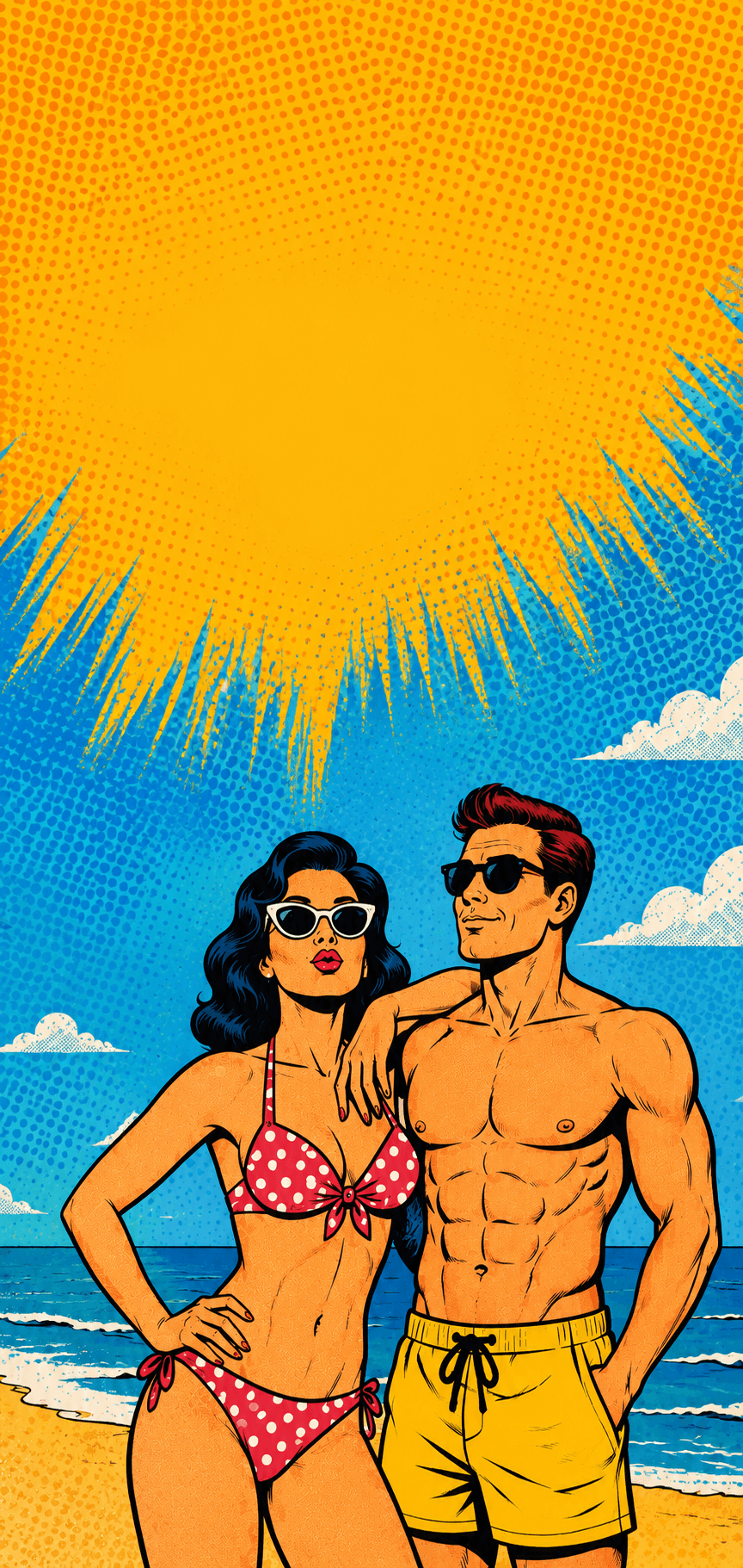Komiksová ilustrace páru v plavkách na pláži